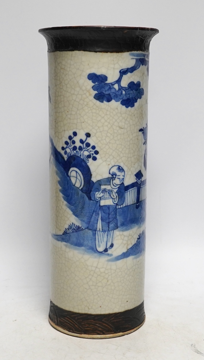 Oriental items to include a cylindrical blue and white vase with associated hardwood stand, a Japanese watercolour painting on silk together with a Japanese bamboo page turner